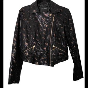 Rock & Republic Black Shimmery Moto Jean Jacket with Gold Zippers